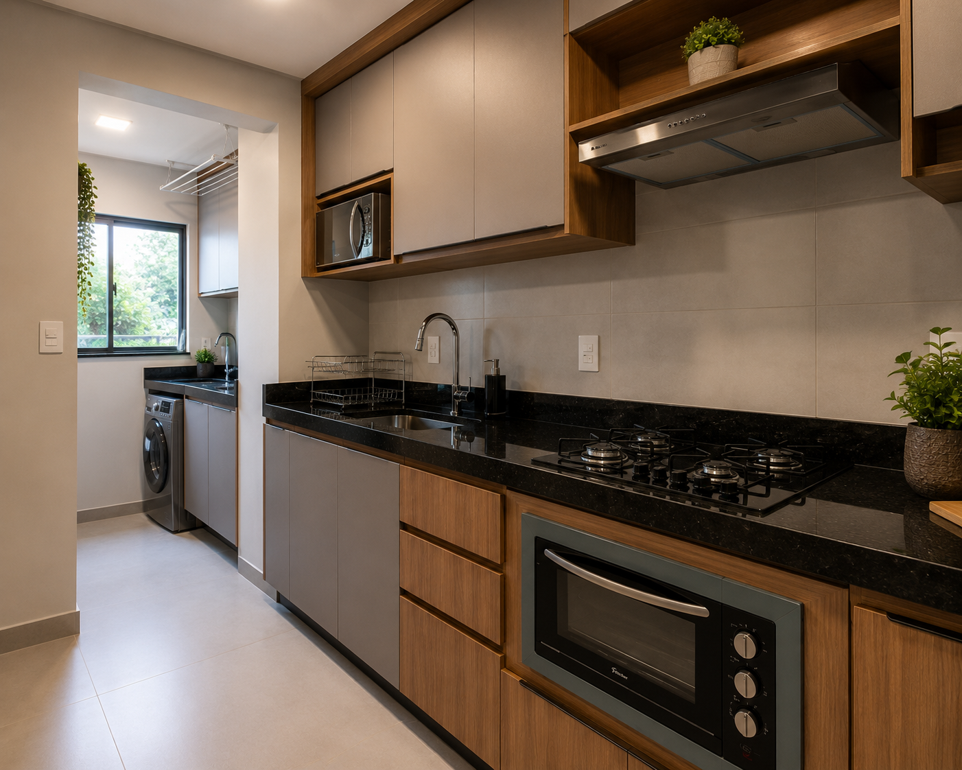 Cozinha linear com armários cinza e madeira